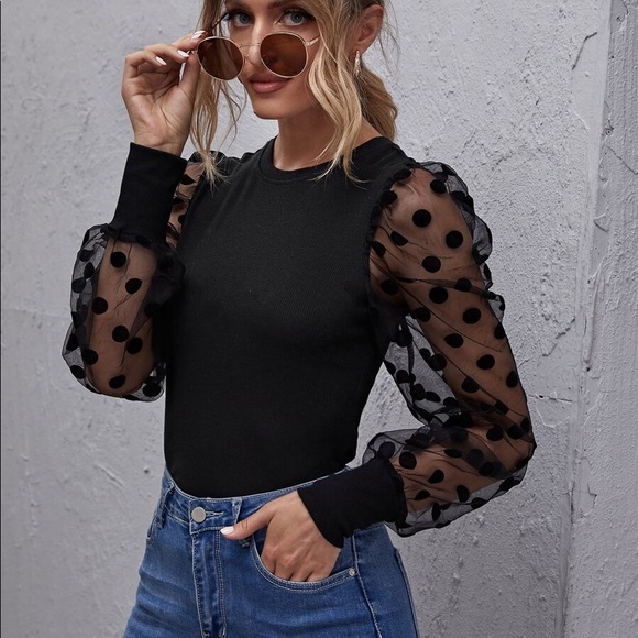 Black sheer puff long sleeve polka dot blouse - Picture 2 of 5